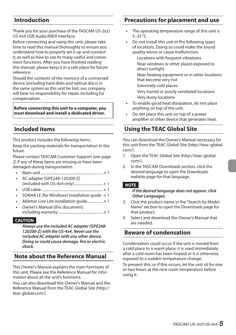 Introduction, Included items, Note about the reference manual | Precautions for placement and use, Using the teac global site, Beware of condensation | Teac US-2X2 User Manual | Page 5 / 88