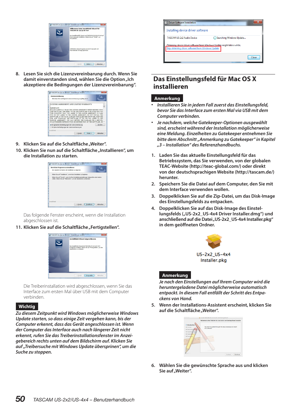 Das einstellungsfeld für mac os x installieren | Teac US-2X2 User Manual | Page 50 / 88