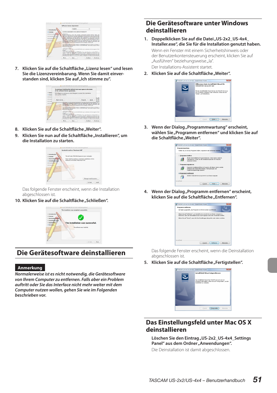 Die gerätesoftware deinstallieren, Die gerätesoftware unter windows deinstallieren, Das einstellungsfeld unter mac os x deinstallieren | Teac US-2X2 User Manual | Page 51 / 88