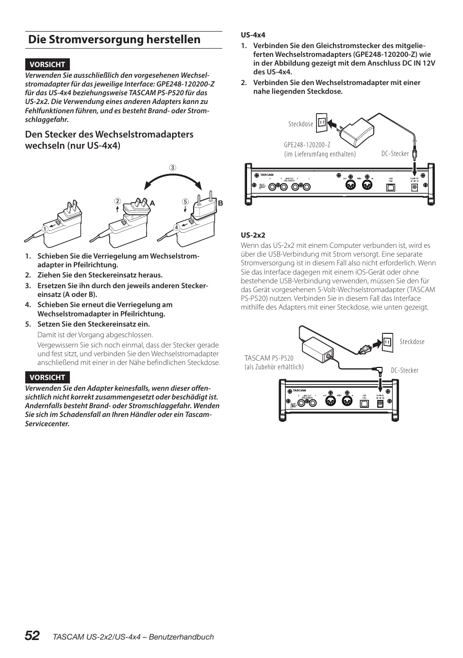 Die stromversorgung herstellen | Teac US-2X2 User Manual | Page 52 / 88