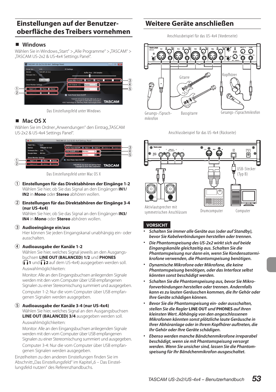 Weitere geräte anschließen, Vornehmen weitere geräte anschließen, Windows | Mac os x | Teac US-2X2 User Manual | Page 53 / 88