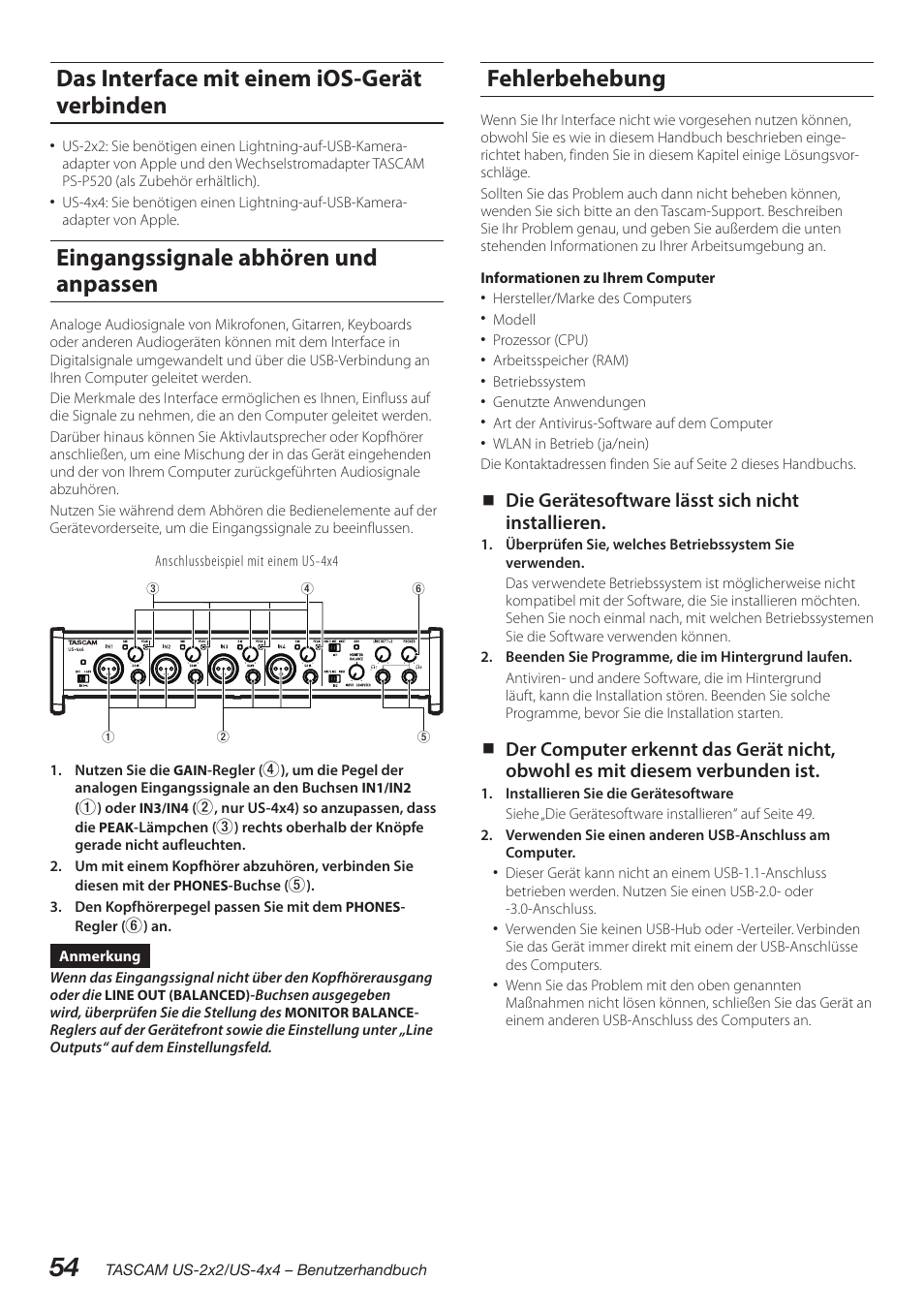 Das interface mit einem ios-gerät verbinden, Eingangssignale abhören und anpassen, Fehlerbehebung | Die gerätesoftware lässt sich nicht installieren | Teac US-2X2 User Manual | Page 54 / 88