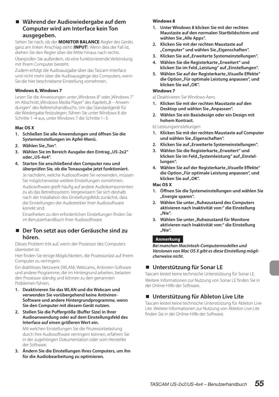 Der ton setzt aus oder geräusche sind zu hören, Unterstützung für sonar le, Unterstützung für ableton live lite | Teac US-2X2 User Manual | Page 55 / 88