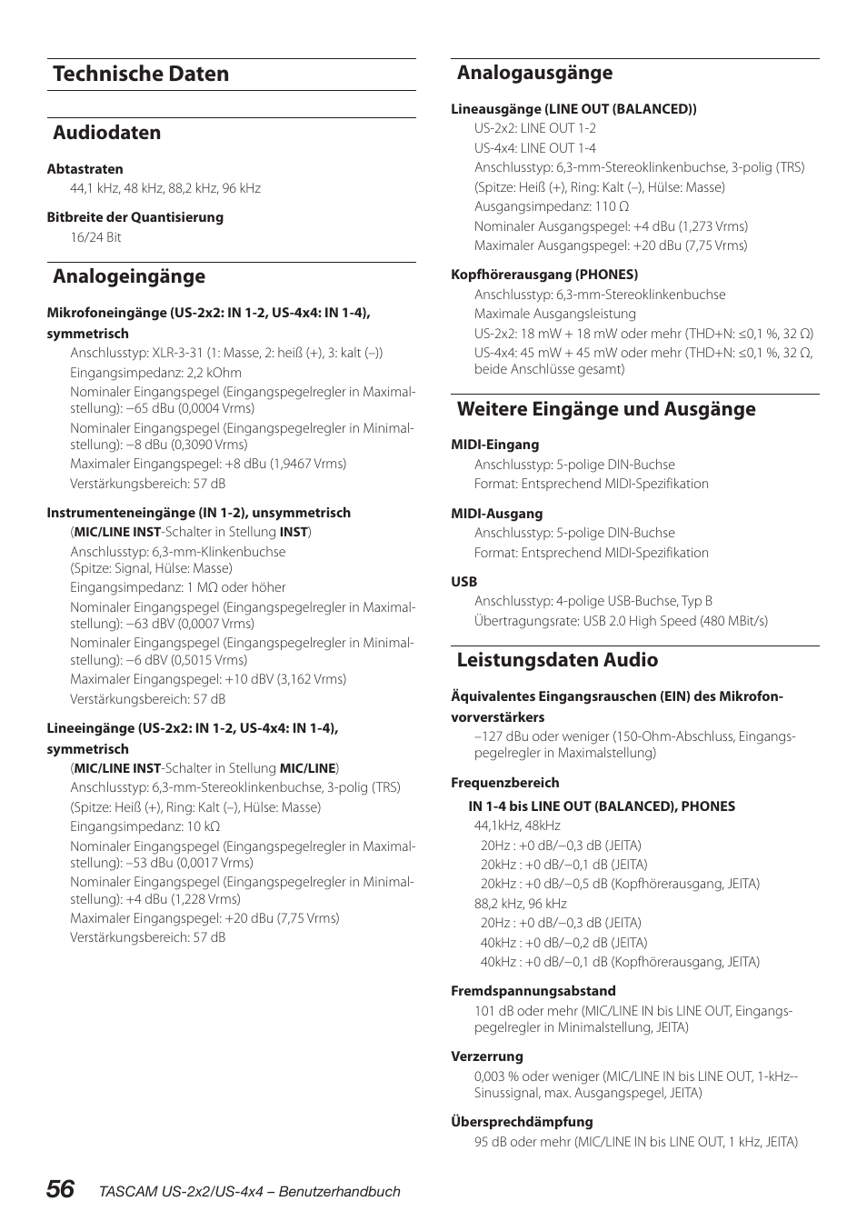 Technische daten, Audiodaten, Analogeingänge | Analogausgänge, Weitere eingänge und ausgänge, Leistungsdaten audio | Teac US-2X2 User Manual | Page 56 / 88