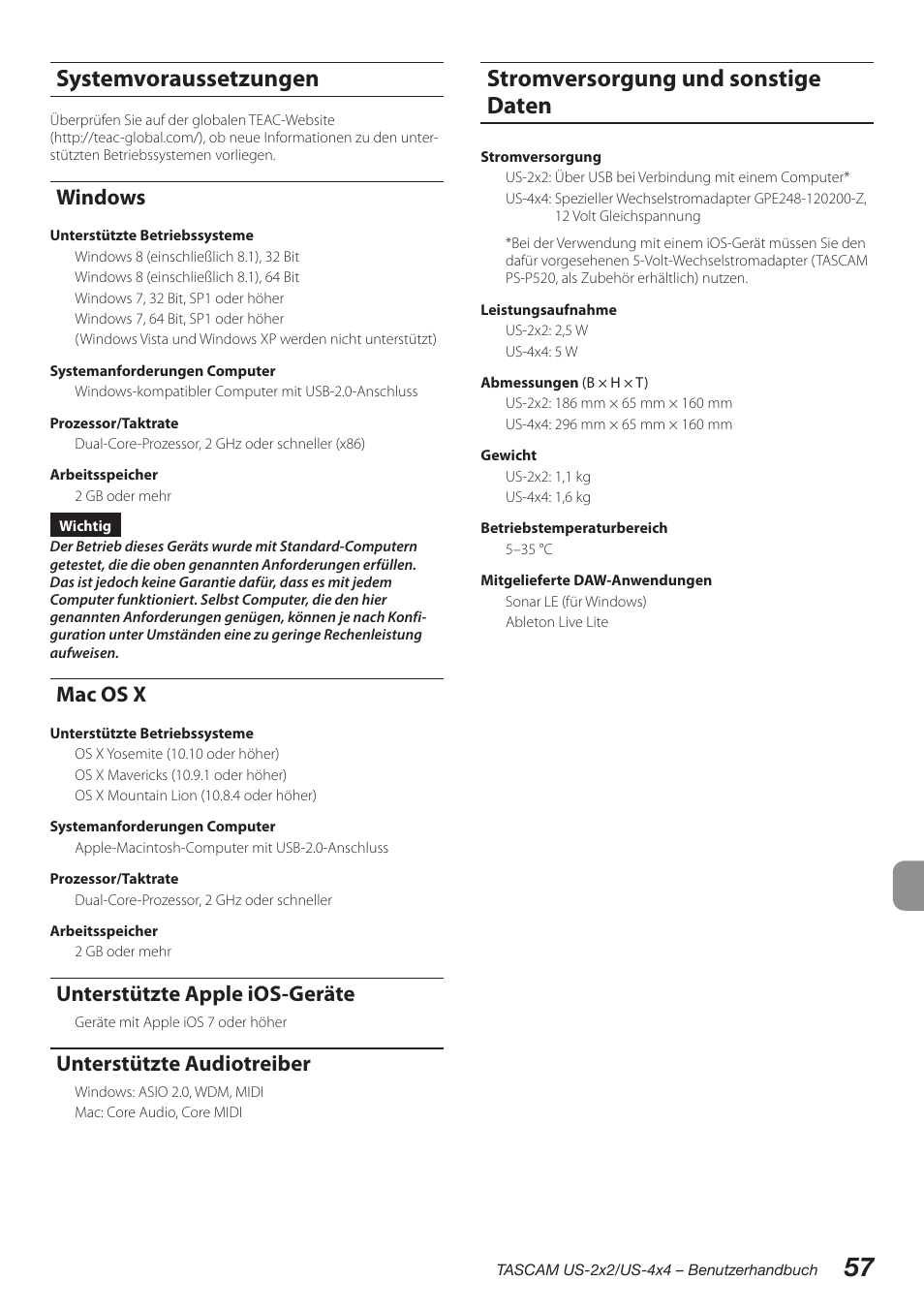 Systemvoraussetzungen, Windows, Mac os x | Unterstützte apple ios-geräte, Unterstützte audiotreiber, Stromversorgung und sonstige daten | Teac US-2X2 User Manual | Page 57 / 88