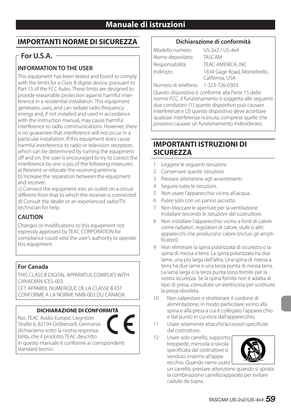 Italiano, 59 manuale di istruzioni, Importanti norme di sicurezza | For u.s.a, Importanti istruzioni di sicurezza | Teac US-2X2 User Manual | Page 59 / 88
