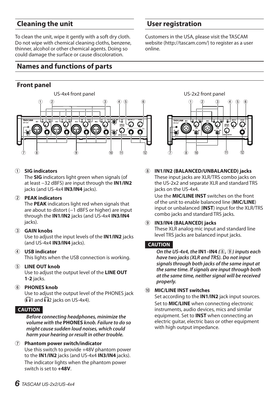 Cleaning the unit, User registration, Names and functions of parts | Front panel | Teac US-2X2 User Manual | Page 6 / 88