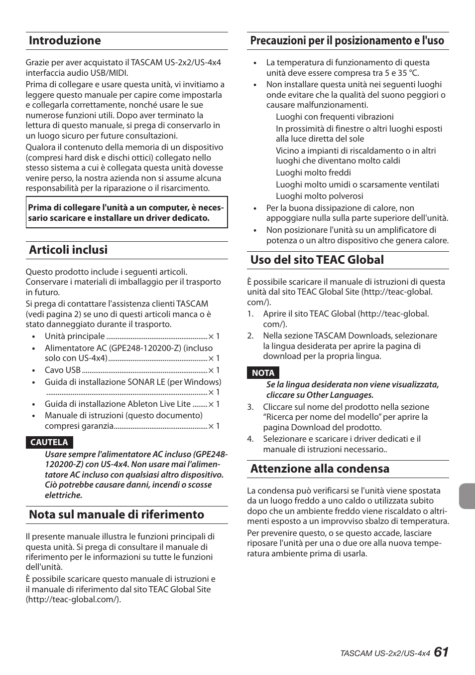 Introduzione, Articoli inclusi, Nota sul manuale di riferimento | Precauzioni per il posizionamento e l'uso, Uso del sito teac global, Attenzione alla condensa | Teac US-2X2 User Manual | Page 61 / 88