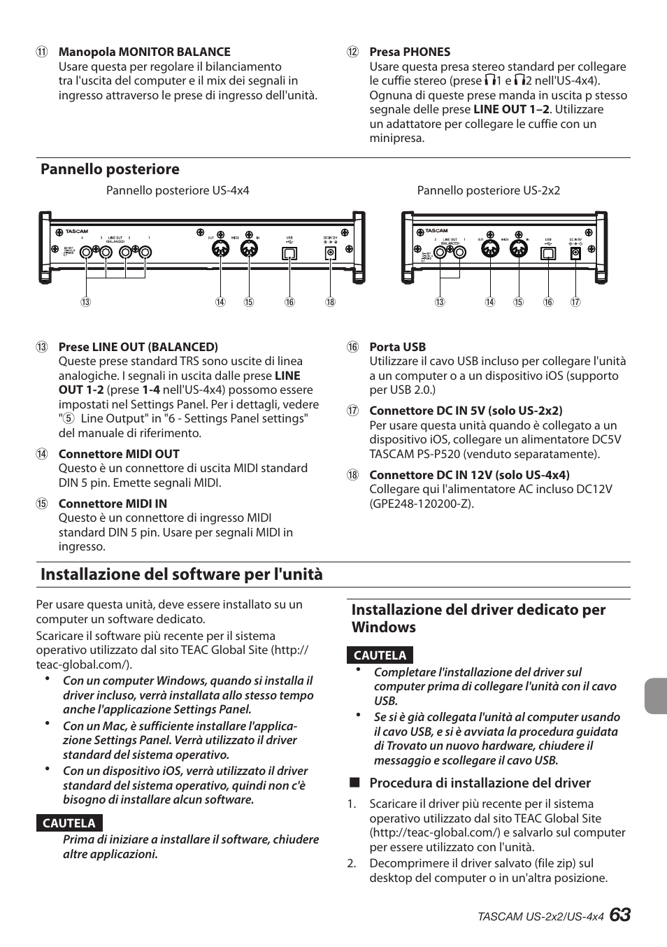 Pannello posteriore, Installazione del software per l'unità, Installazione del driver dedicato per windows | Teac US-2X2 User Manual | Page 63 / 88