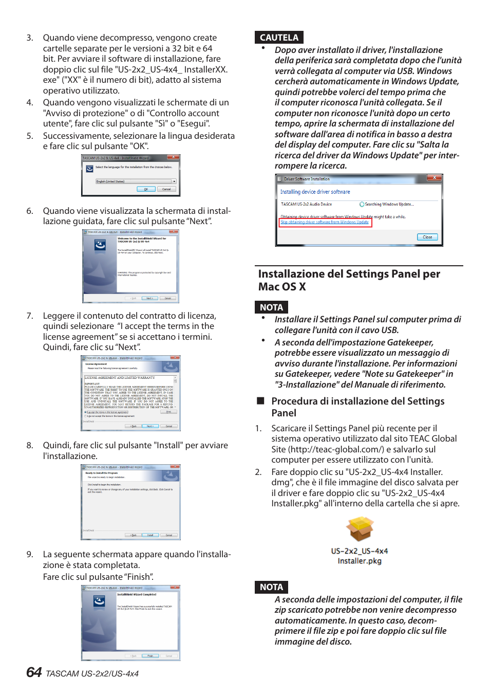 Installazione del settings panel per mac os x | Teac US-2X2 User Manual | Page 64 / 88