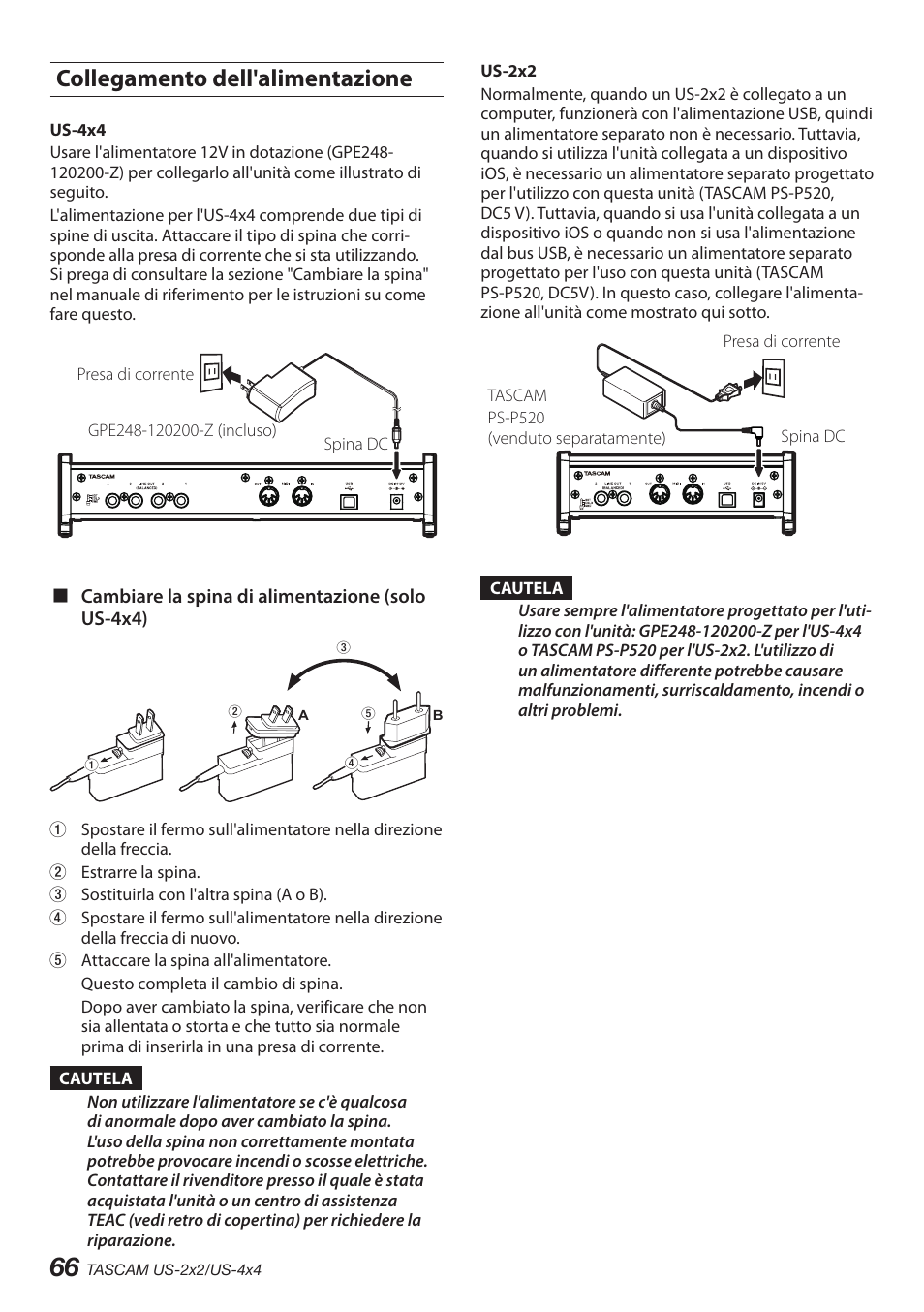 Collegamento dell'alimentazione | Teac US-2X2 User Manual | Page 66 / 88