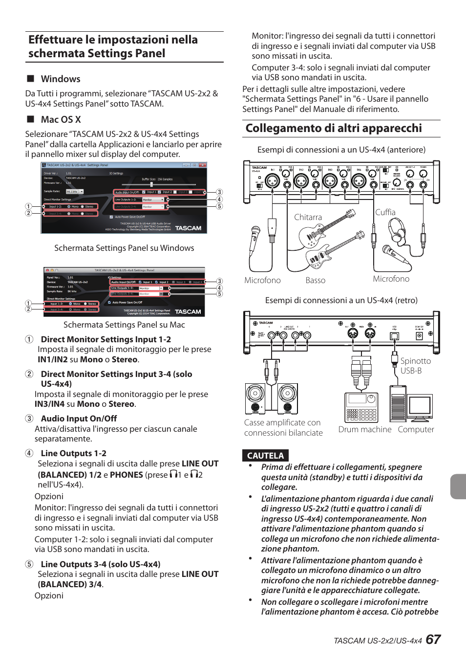 Collegamento di altri apparecchi, Effettuare le impostazioni nella schermata, Settings panel collegamento di altri apparecchi | Teac US-2X2 User Manual | Page 67 / 88