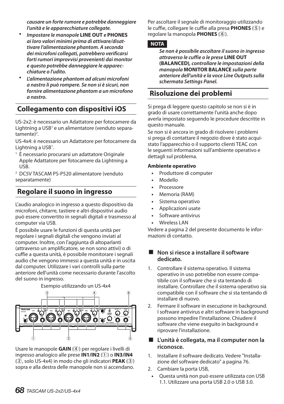 Collegamento con dispositivi ios, Regolare il suono in ingresso, Risoluzione dei problemi | Teac US-2X2 User Manual | Page 68 / 88