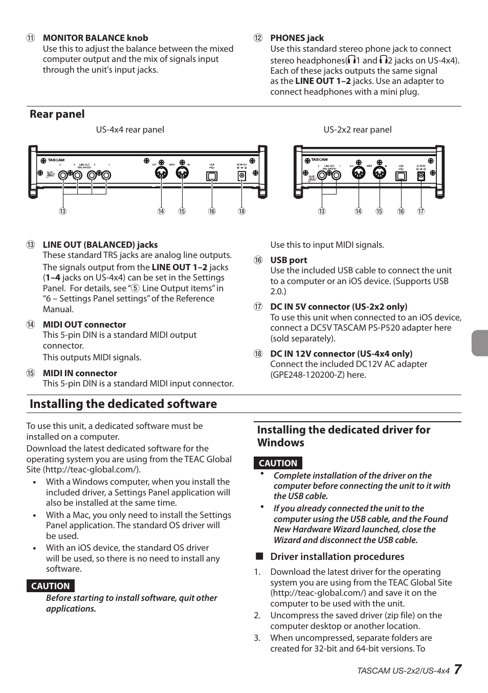 Rear panel, Installing the dedicated software, Installing the dedicated driver for windows | Teac US-2X2 User Manual | Page 7 / 88