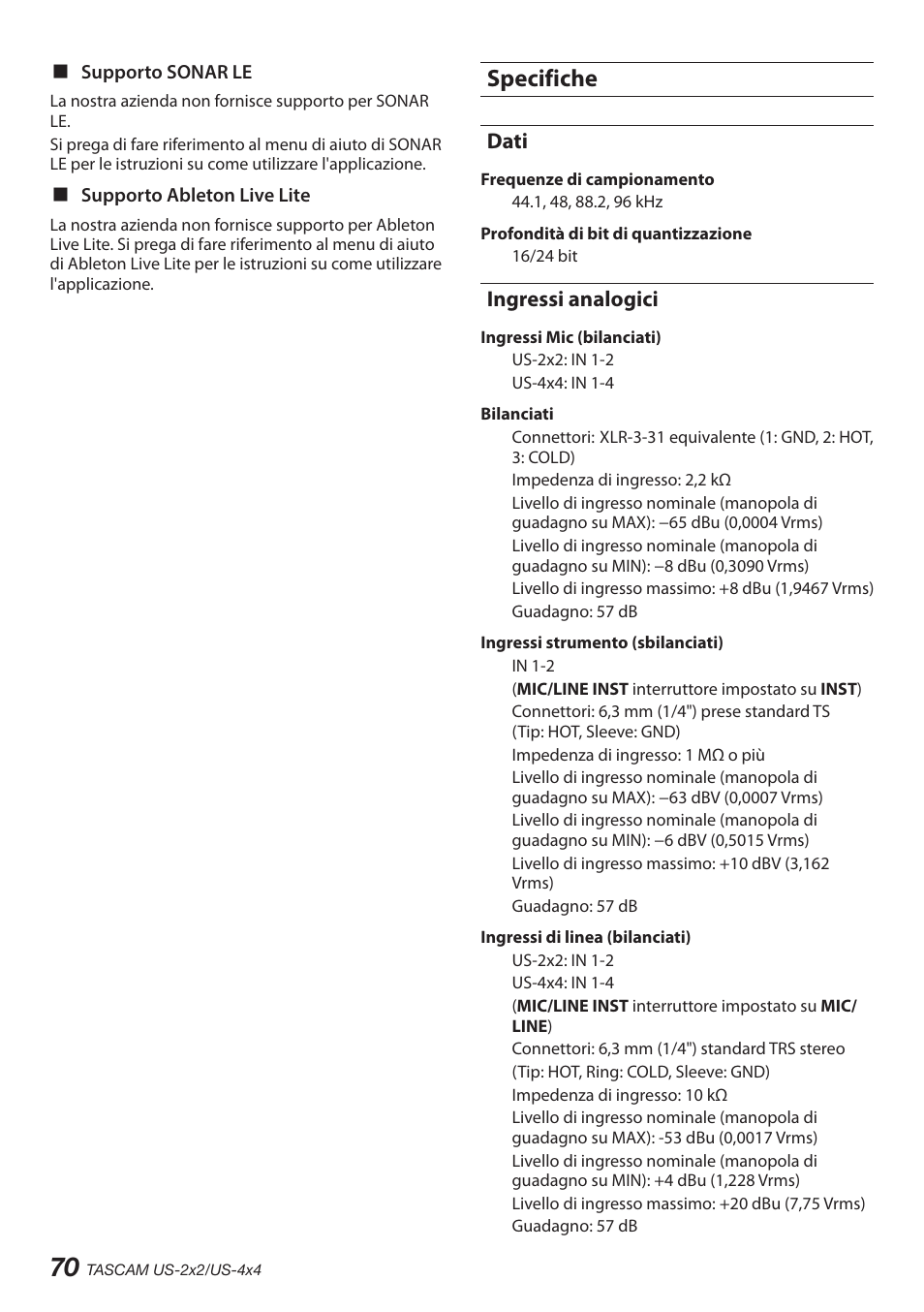 Specifiche, Dati, Ingressi analogici | Teac US-2X2 User Manual | Page 70 / 88