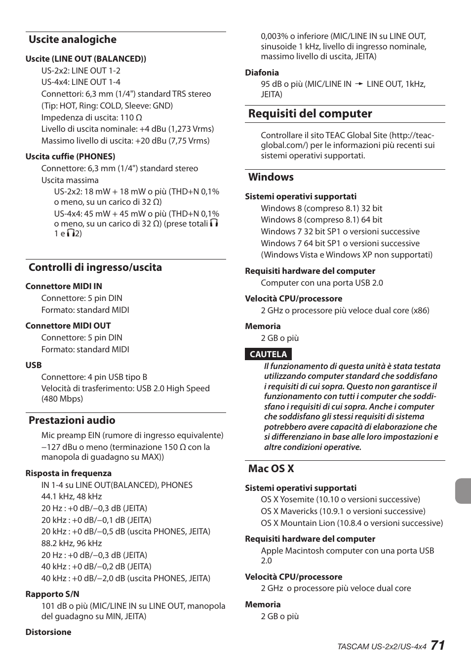 Uscite analogiche, Controlli di ingresso/uscita, Prestazioni audio | Requisiti del computer, Windows, Mac os x | Teac US-2X2 User Manual | Page 71 / 88