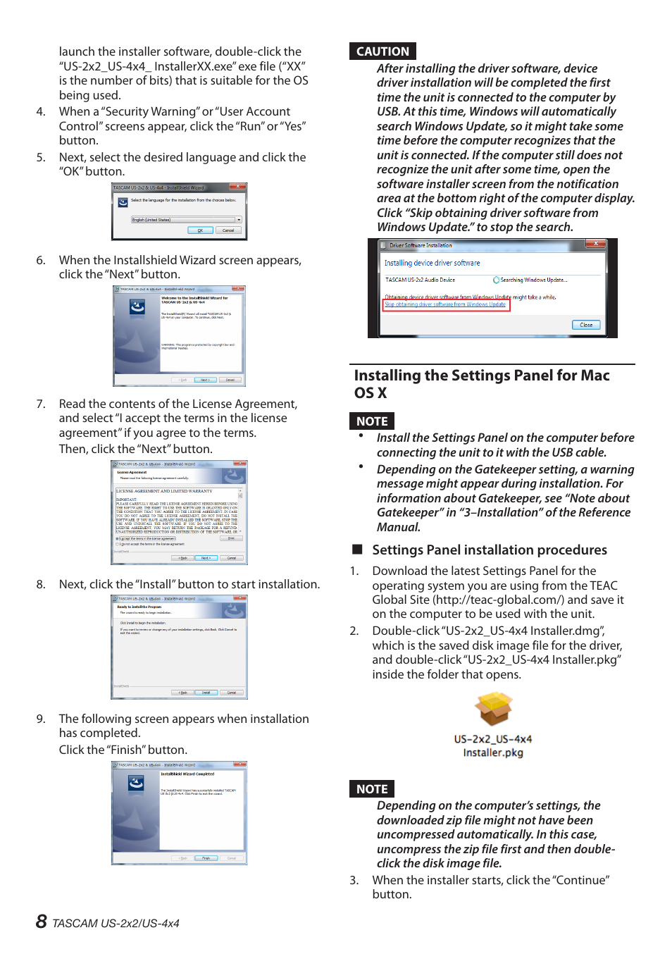 Installing the settings panel for mac os x | Teac US-2X2 User Manual | Page 8 / 88