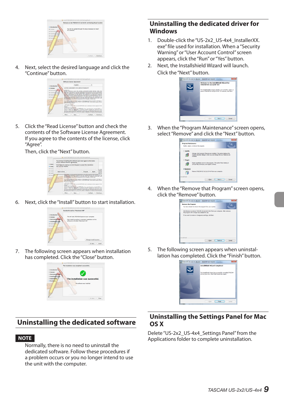 Uninstalling the dedicated software, Uninstalling the dedicated driver for windows, Uninstalling the settings panel for mac os x | Teac US-2X2 User Manual | Page 9 / 88