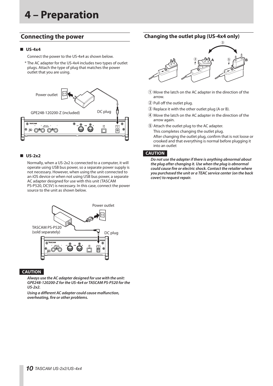 4 – preparation, Connecting the power, Changing the outlet plug (us-4x4 only) | Teac US-2X2 Reference Manual User Manual | Page 10 / 24