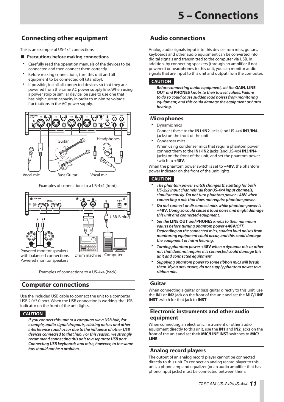 5 – connections, Connecting other equipment, Computer connections | Audio connections, Microphones, Guitar, Electronic instruments and other audio equipment, Analog record players | Teac US-2X2 Reference Manual User Manual | Page 11 / 24