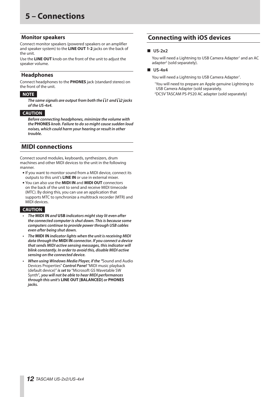 Monitor speakers, Headphones, Midi connections | Connecting with ios devices, Monitor speakers headphones, Midi connections connecting with ios devices, 5 – connections | Teac US-2X2 Reference Manual User Manual | Page 12 / 24