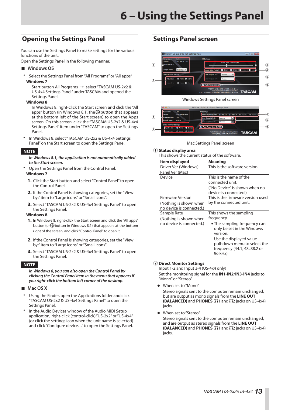 6 – using the settings panel, Opening the settings panel, Settings panel screen | Opening the settings panel settings panel screen | Teac US-2X2 Reference Manual User Manual | Page 13 / 24