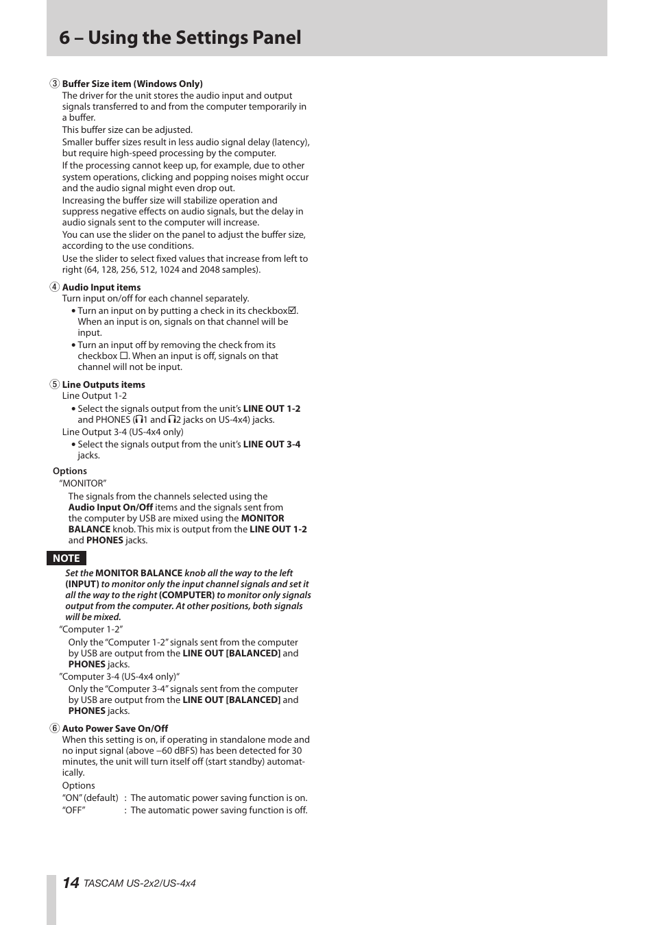 6 – using the settings panel | Teac US-2X2 Reference Manual User Manual | Page 14 / 24