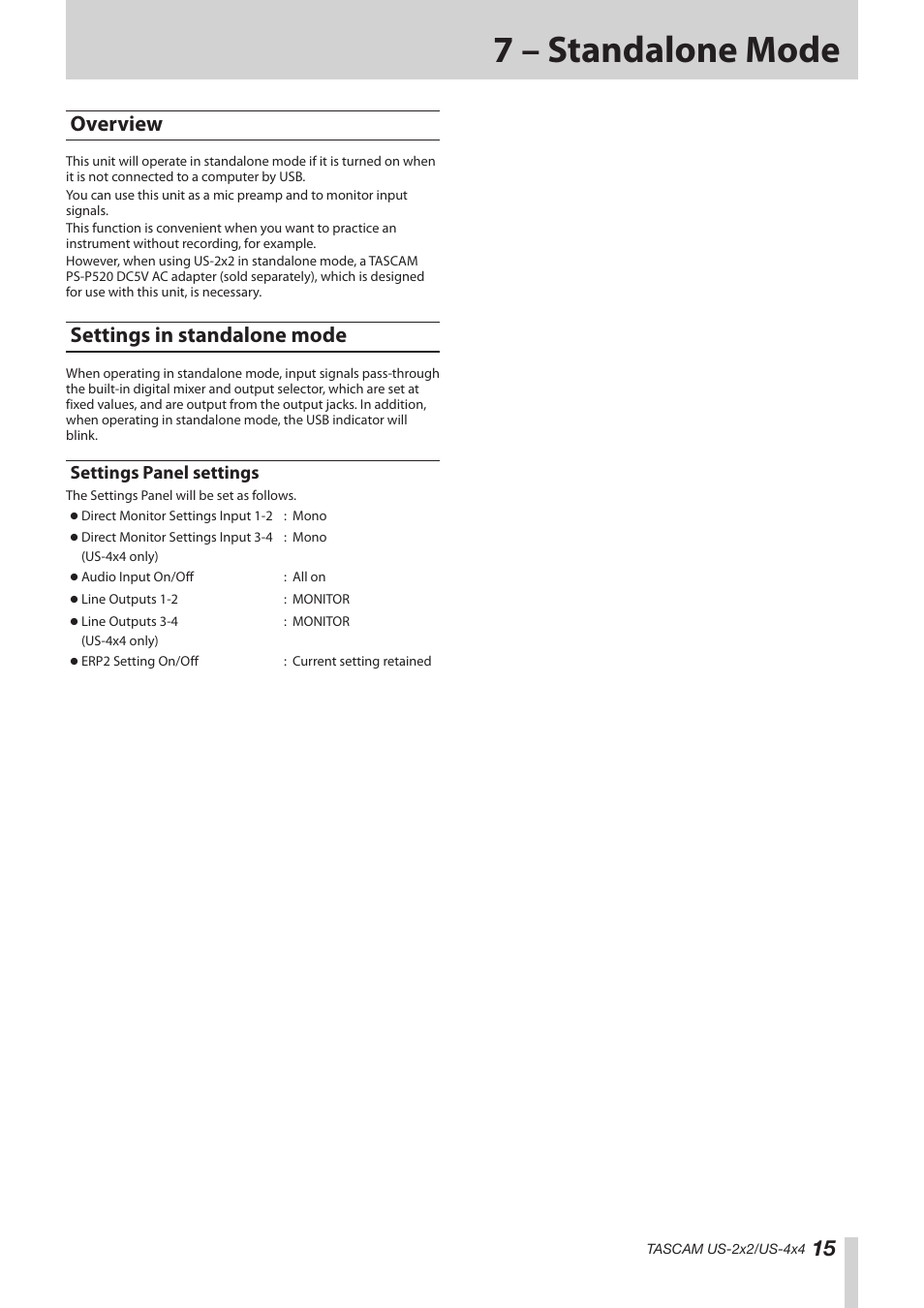 7 – standalone mode, Overview, Settings in standalone mode | Settings panel settings, Overview settings in standalone mode | Teac US-2X2 Reference Manual User Manual | Page 15 / 24