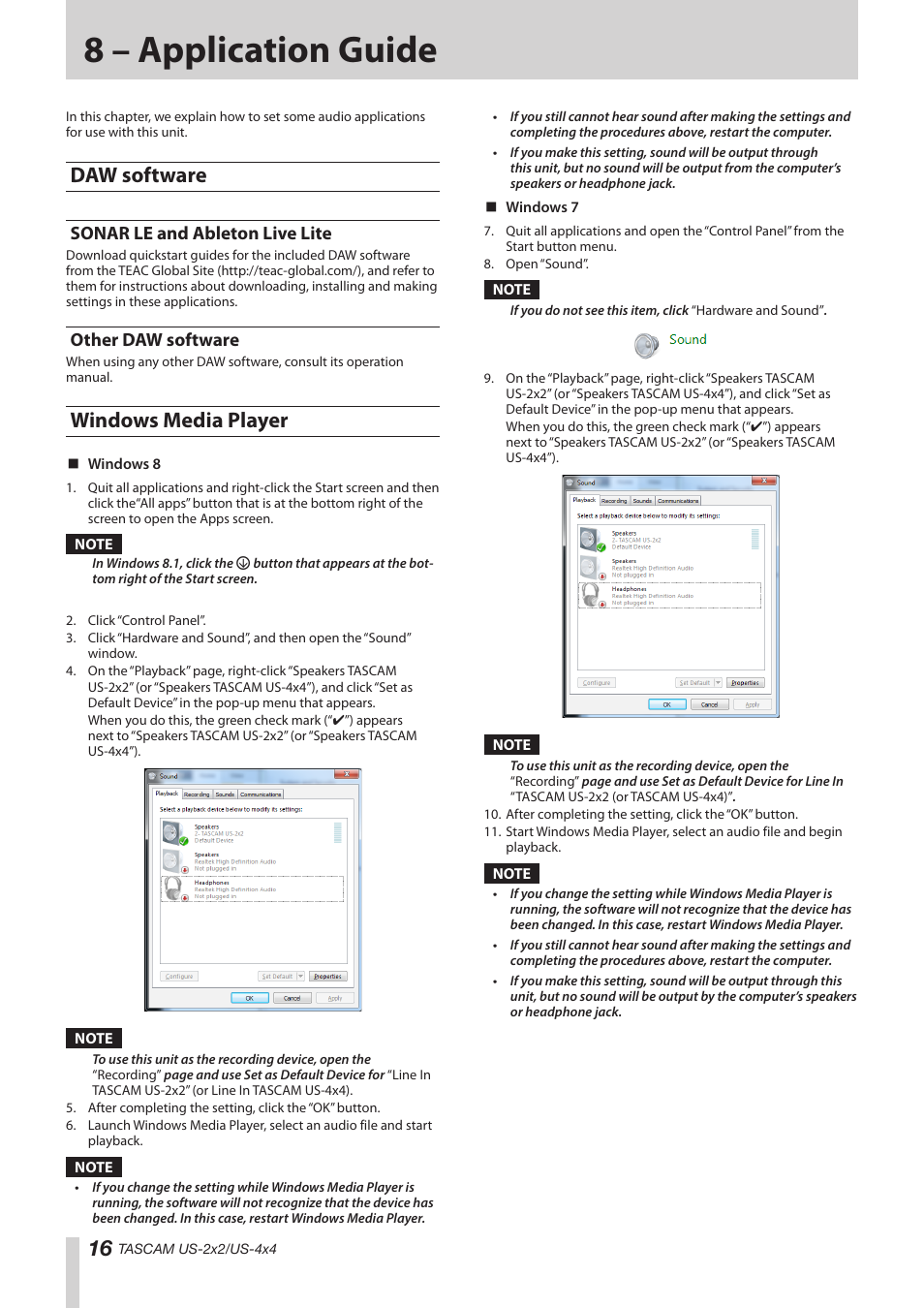 8 – application guide, Daw software, Sonar le and ableton live lite | Other daw software, Windows media player, Sonar le and ableton live lite other daw software | Teac US-2X2 Reference Manual User Manual | Page 16 / 24