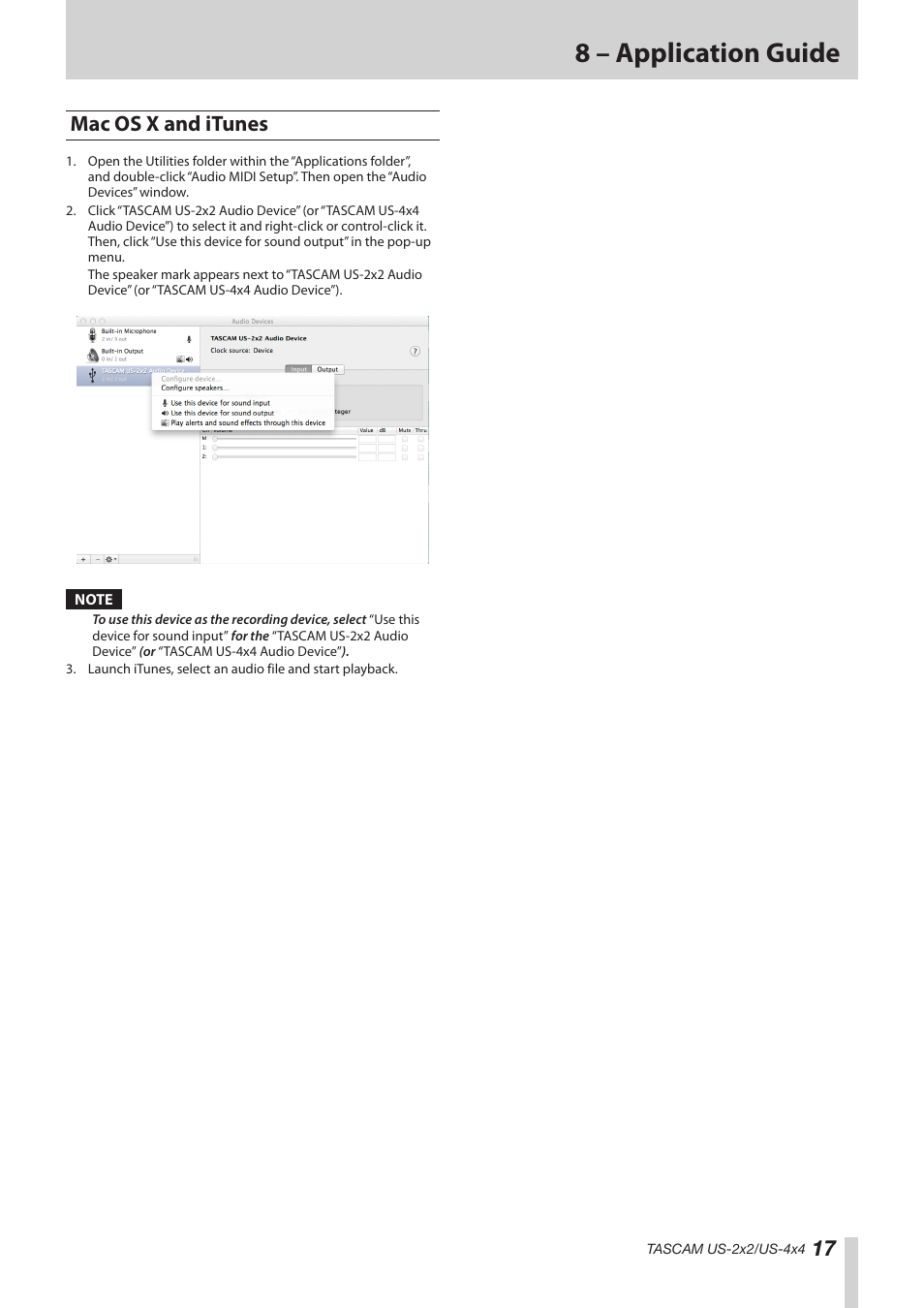 Mac os x and itunes, 8 – application guide | Teac US-2X2 Reference Manual User Manual | Page 17 / 24