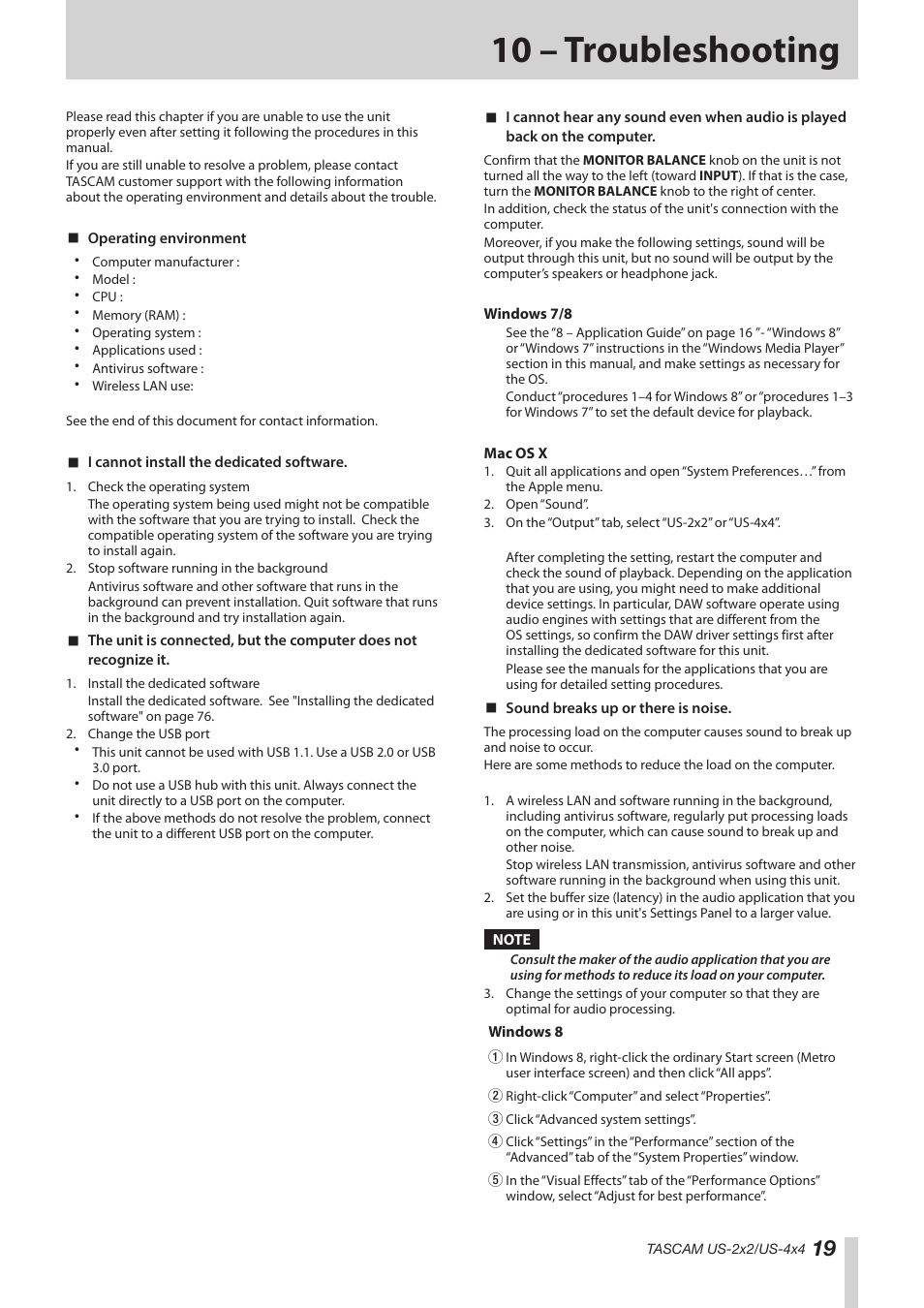 10 – troubleshooting | Teac US-2X2 Reference Manual User Manual | Page 19 / 24