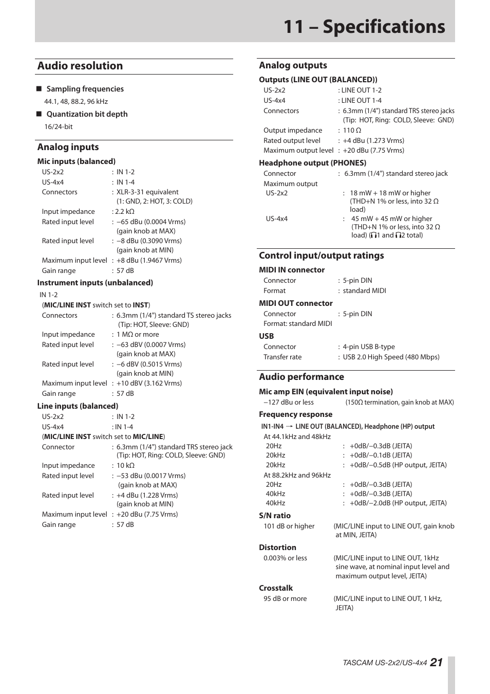 11 – specifications, Audio resolution, Analog inputs | Analog outputs, Control input/output ratings, Audio performance | Teac US-2X2 Reference Manual User Manual | Page 21 / 24