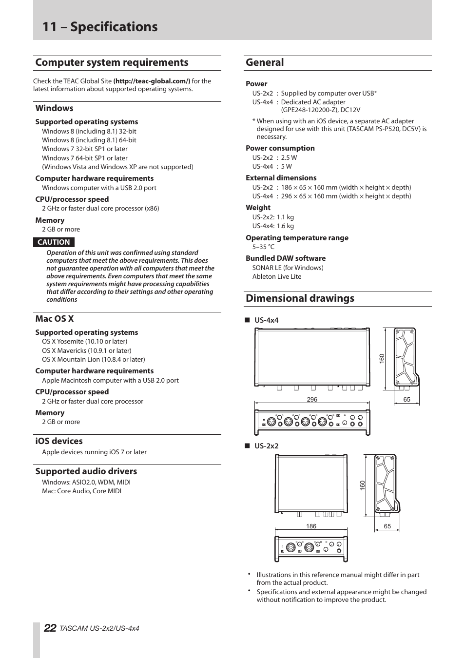 Computer system requirements, Windows, Mac os x | Ios devices, Supported audio drivers, General, Dimensional drawings, General dimensional drawings, 11 – specifications | Teac US-2X2 Reference Manual User Manual | Page 22 / 24