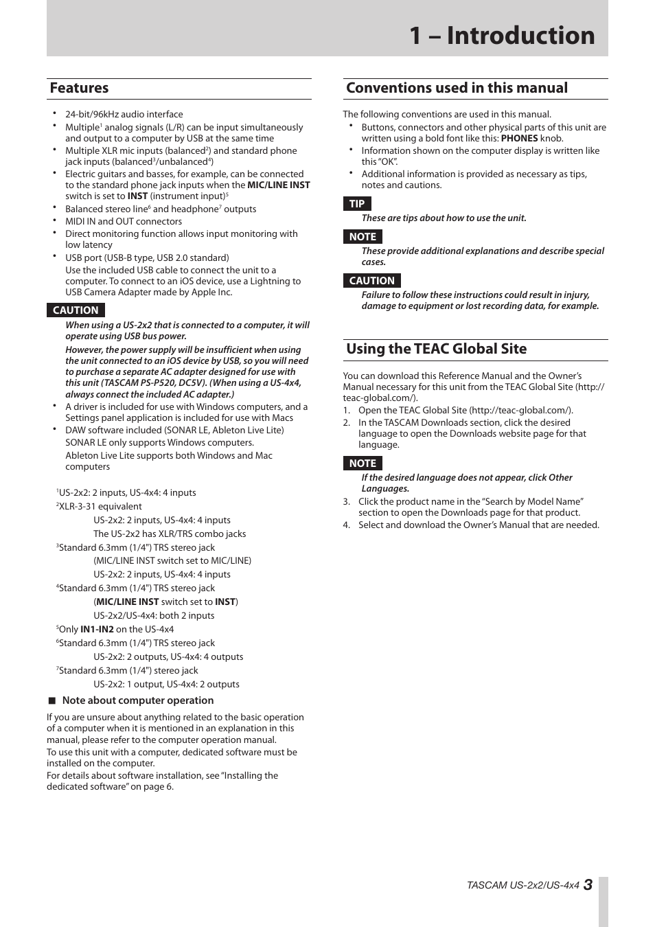 1 – introduction, Features, Conventions used in this manual | Using the teac global site | Teac US-2X2 Reference Manual User Manual | Page 3 / 24