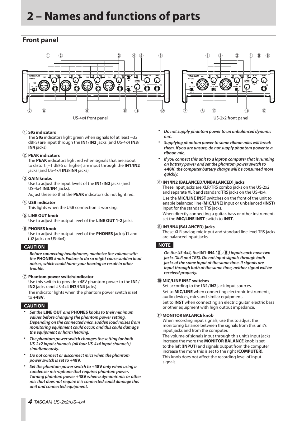 2 – names and functions of parts, Front panel | Teac US-2X2 Reference Manual User Manual | Page 4 / 24