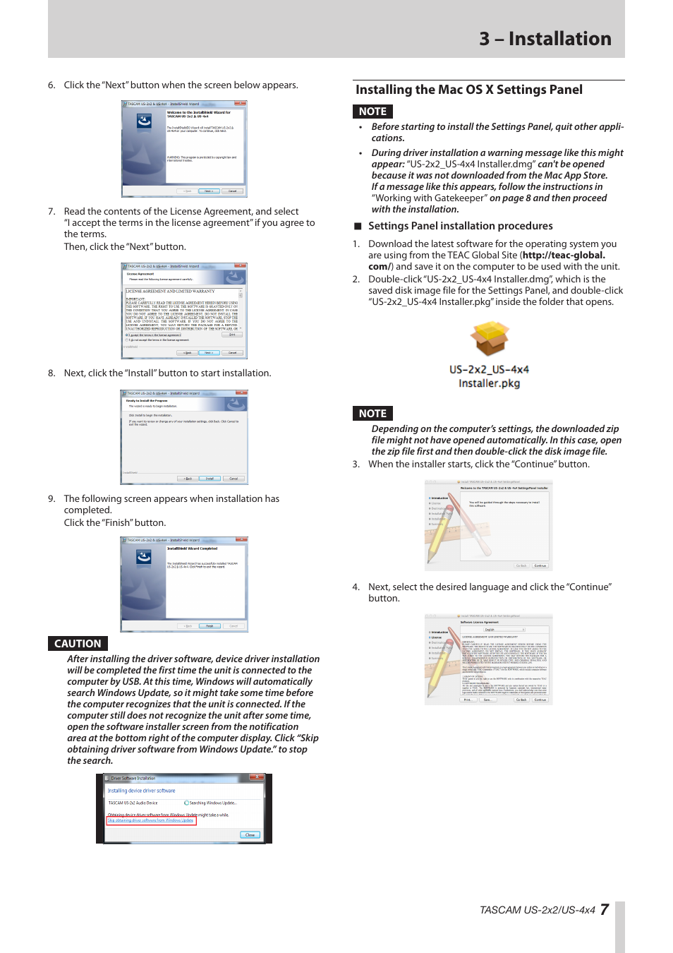 Installing the mac os x settings panel, 3 – installation | Teac US-2X2 Reference Manual User Manual | Page 7 / 24