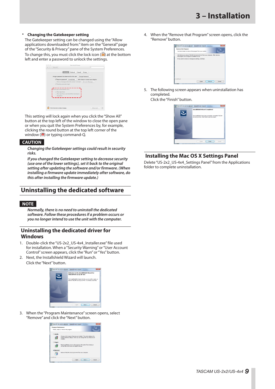 Uninstalling the dedicated software, Uninstalling the dedicated driver for windows, Installing the mac os x settings panel | 3 – installation | Teac US-2X2 Reference Manual User Manual | Page 9 / 24