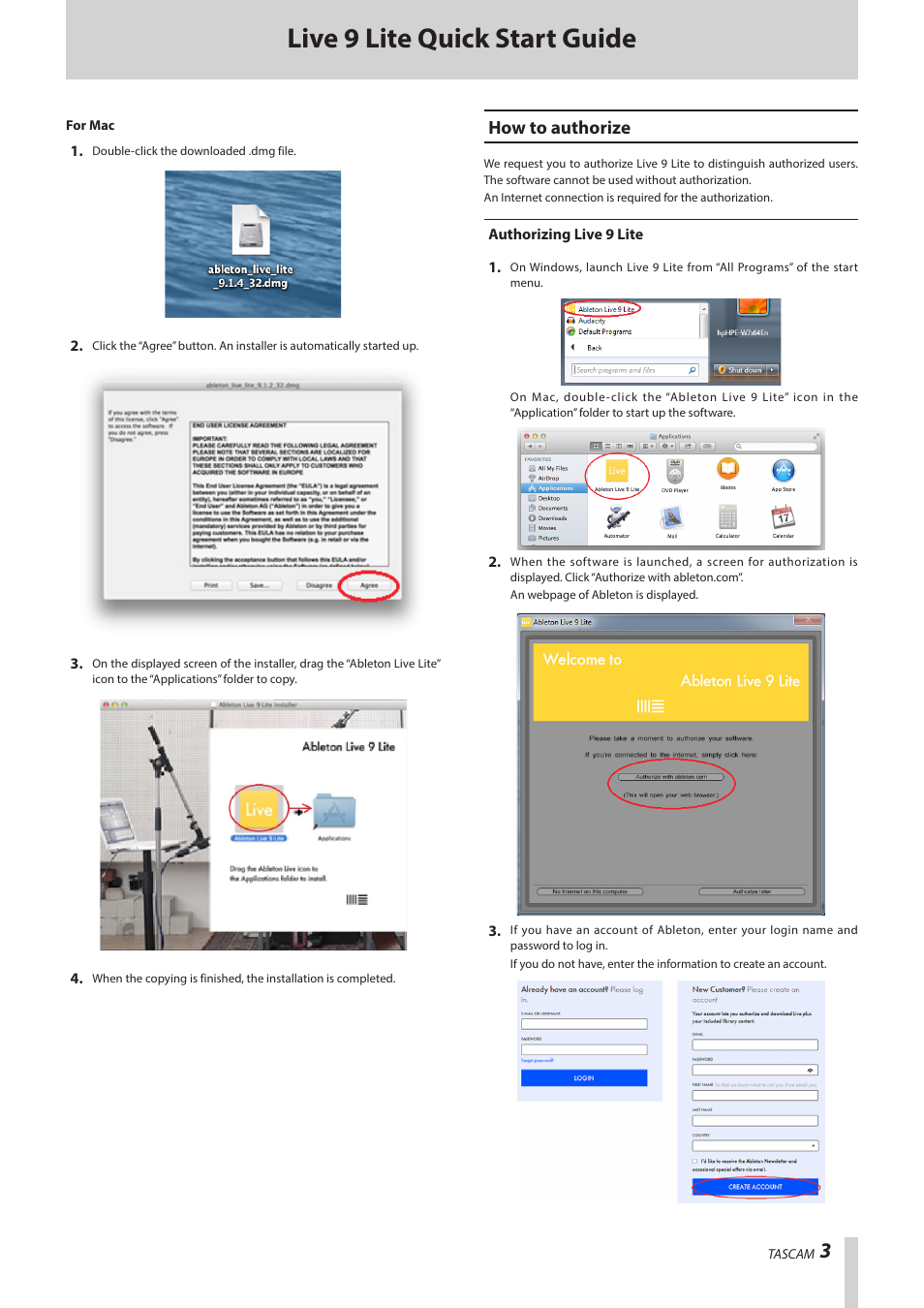 How to authorize, Authorizing live 9 lite, Live 9 lite quick start guide | Teac Live 9 Lite User Manual | Page 3 / 9