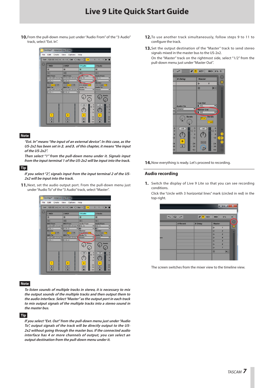 Audio recording, Live 9 lite quick start guide | Teac Live 9 Lite User Manual | Page 7 / 9