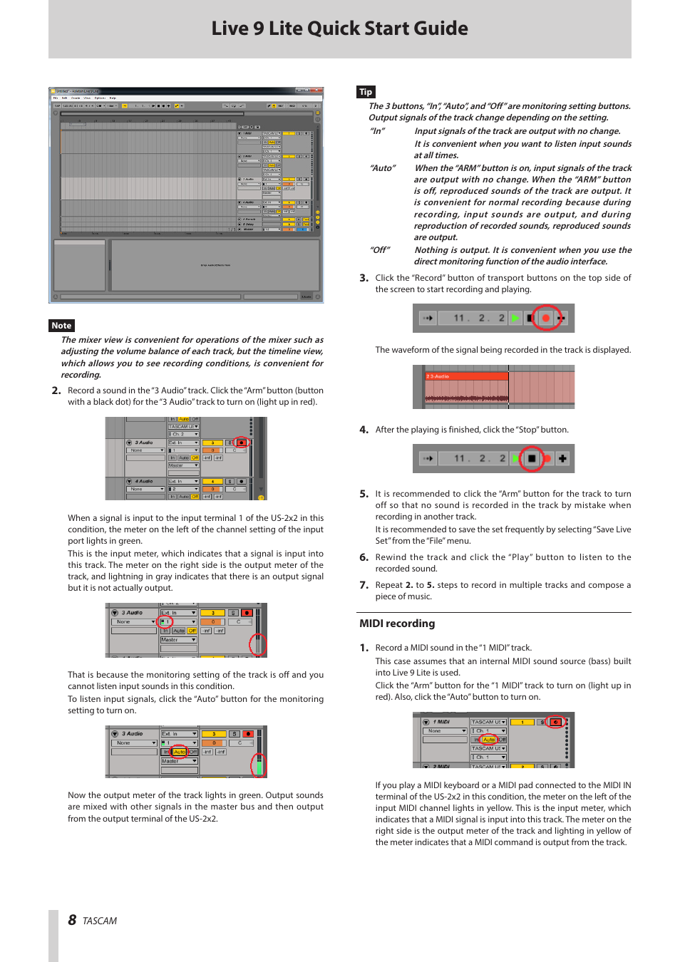 Midi recording, Live 9 lite quick start guide | Teac Live 9 Lite User Manual | Page 8 / 9