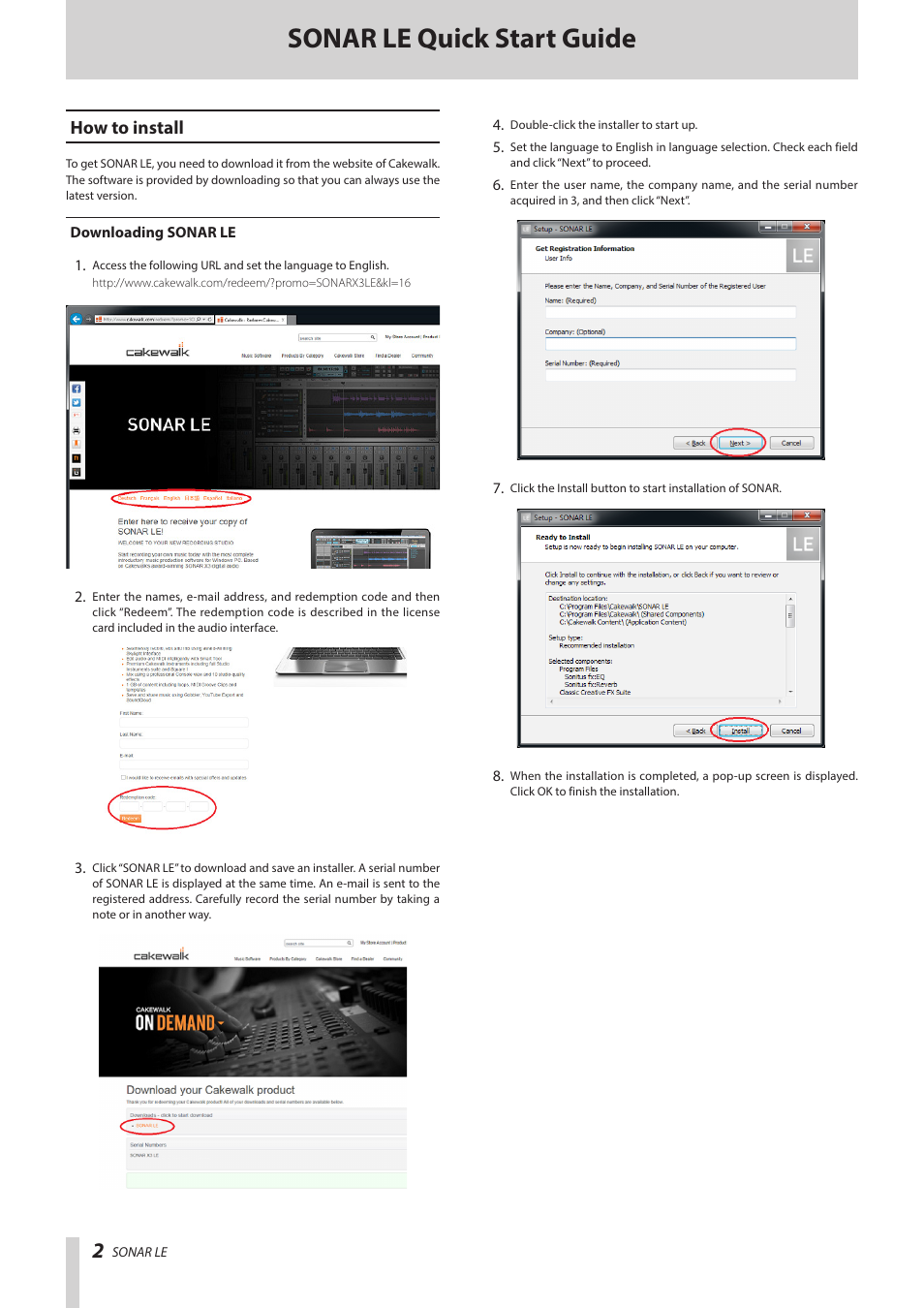 How to install, Downloading sonar le, Sonar le quick start guide | Teac SONAR LE User Manual | Page 2 / 6