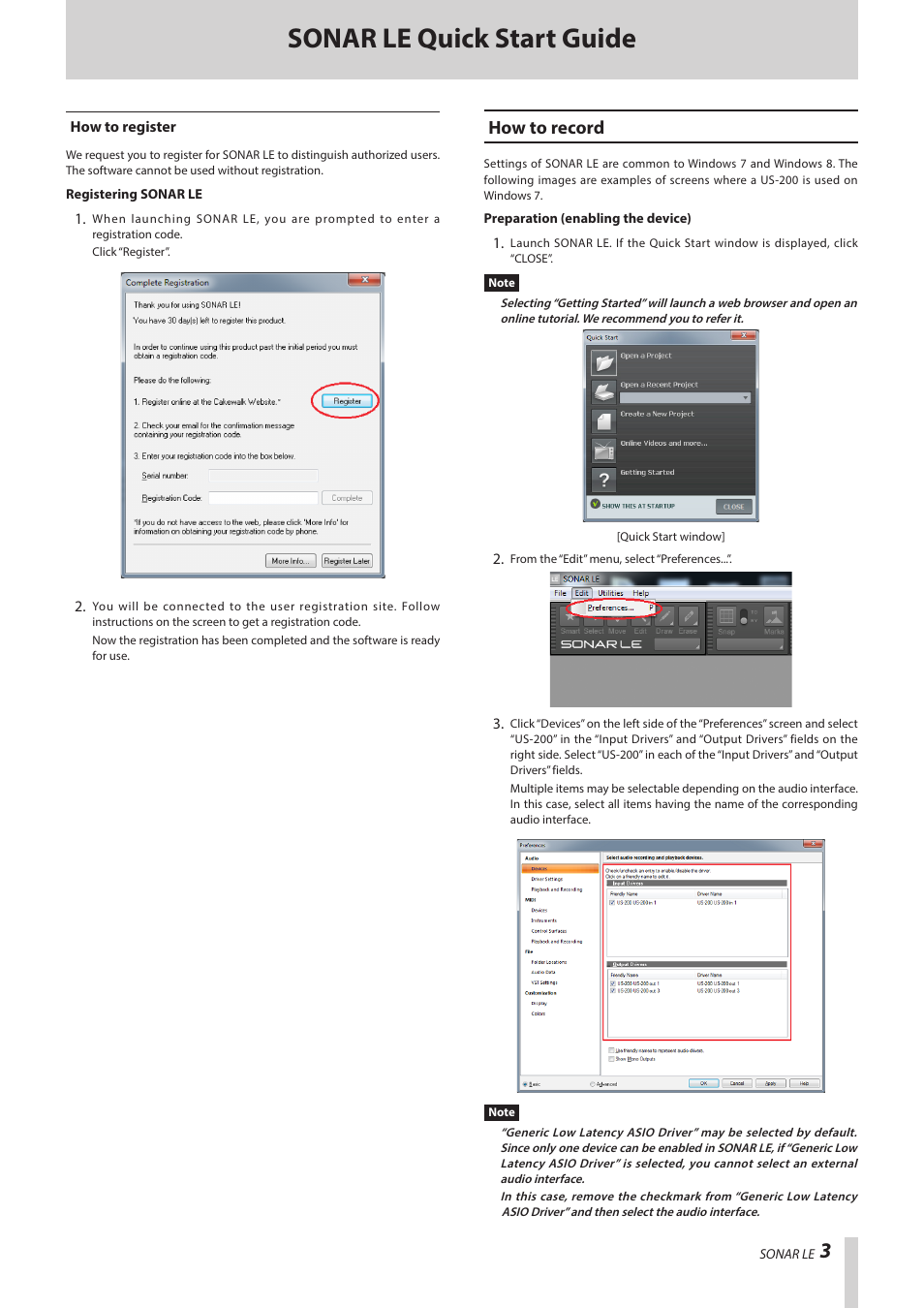 How to register, How to record, Sonar le quick start guide | Teac SONAR LE User Manual | Page 3 / 6