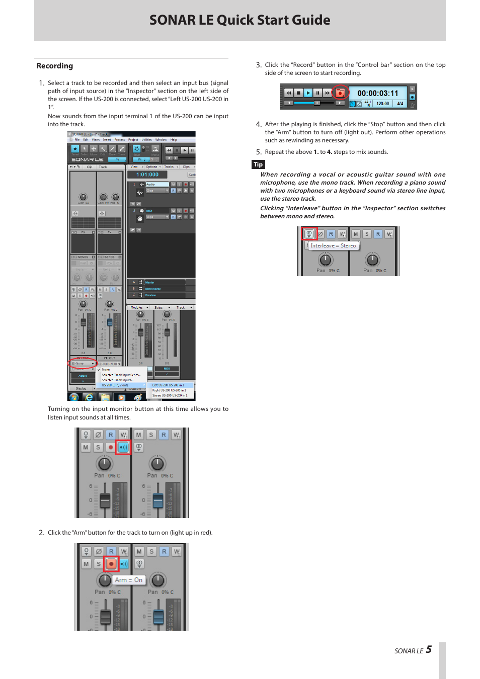 Recording, Sonar le quick start guide | Teac SONAR LE User Manual | Page 5 / 6