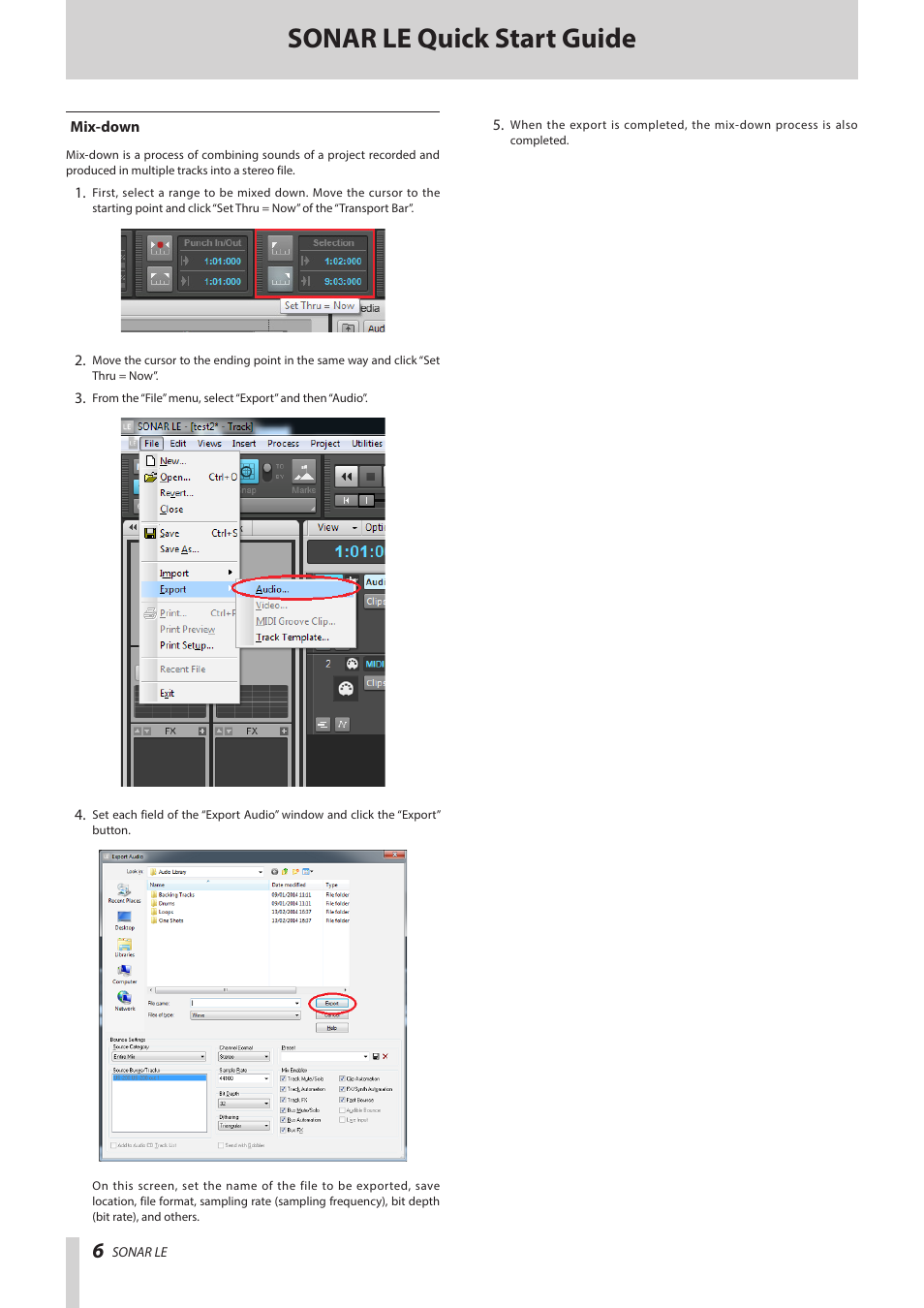 Mix-down, Sonar le quick start guide | Teac SONAR LE User Manual | Page 6 / 6