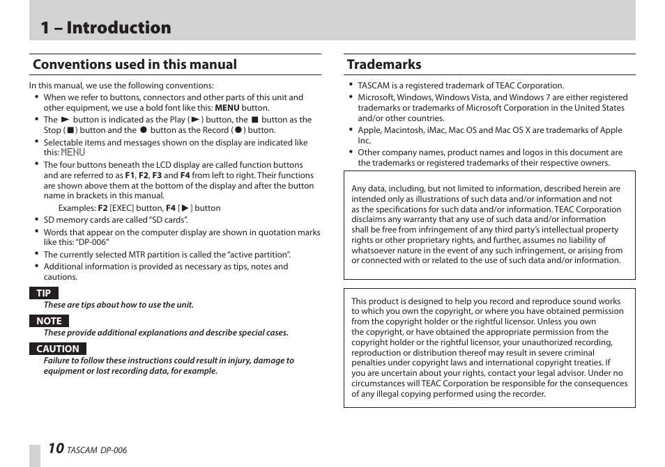 Conventions used in this manual, Trademarks, Conventions used in this manual trademarks | 1 – introduction | Teac DP-006 User Manual | Page 10 / 104