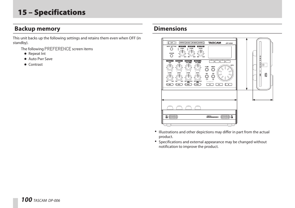 Backup memory, Dimensions, Backup memory dimensions | 15 – specifications | Teac DP-006 User Manual | Page 100 / 104