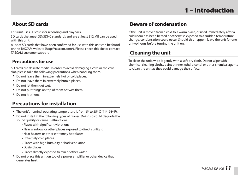 About sd cards, Precautions for use, Precautions for installation | Beware of condensation, Cleaning the unit, 1 – introduction | Teac DP-006 User Manual | Page 11 / 104