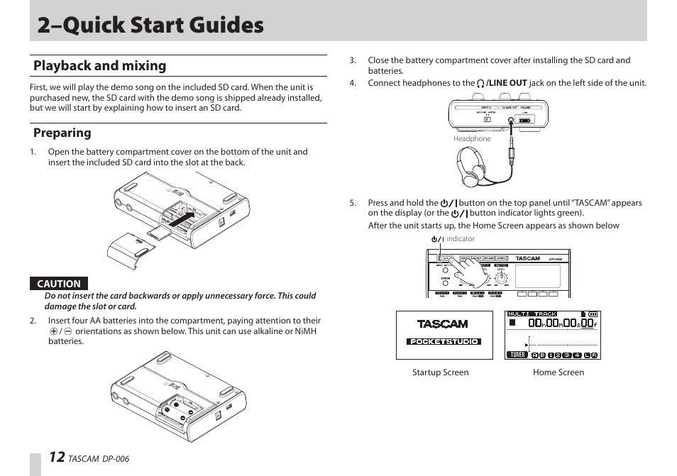 2–quick start guides, Playback and mixing, Preparing | Teac DP-006 User Manual | Page 12 / 104