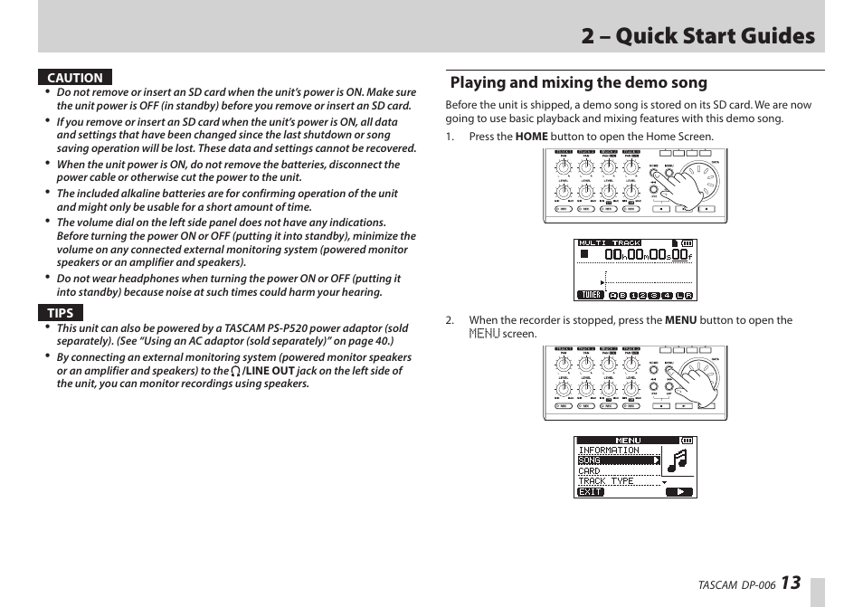 Playing and mixing the demo song, 2 – quick start guides | Teac DP-006 User Manual | Page 13 / 104