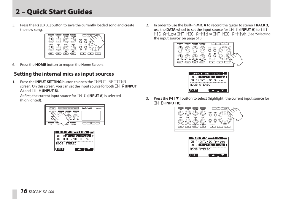 Setting the internal mics as input sources, 2 – quick start guides | Teac DP-006 User Manual | Page 16 / 104